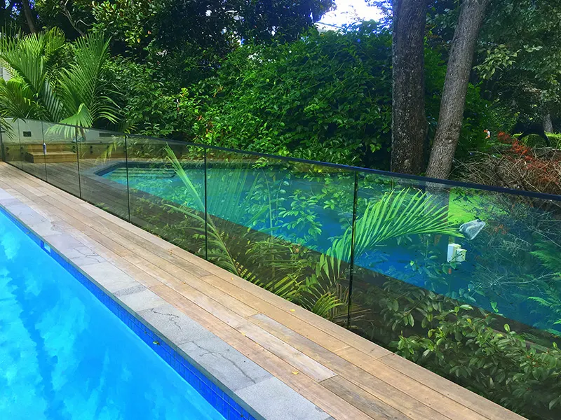 Glass pool fence along a timber deck with tropical plants behind it